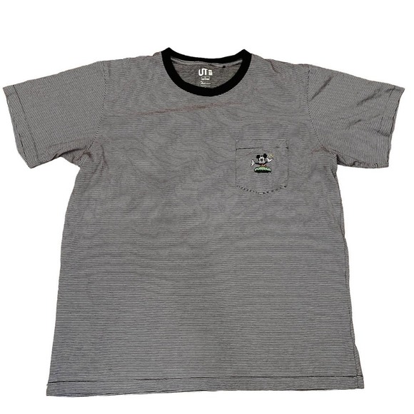 Disney Mickey Mouse Uniqlo Black & White Pin Stripe Short Sleeve Shirt Sz L - Picture 5 of 9